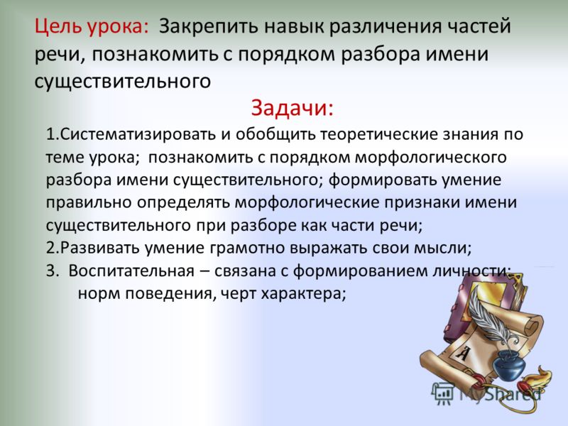 Цель урока: Закрепить навык различения частей речи, познакомить с порядком разбора имени существительного Задачи: 1.Систематизировать и обобщить теоре