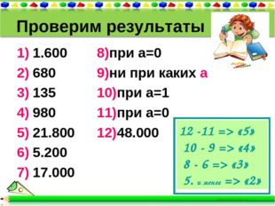 Проверим результаты 1) 1.600 2) 680 3) 135 4) 980 5) 21.800 6) 5.200 7) 17.00