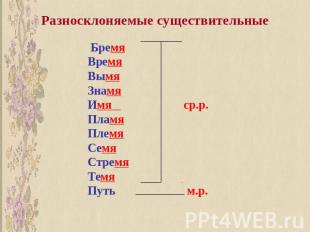Разносклоняемые существительные Бремя Время Вымя Знамя Имя ср.р. Пламя Племя Сем