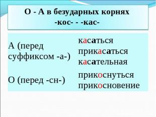 О - А в безударных корнях -кос- - -кас-