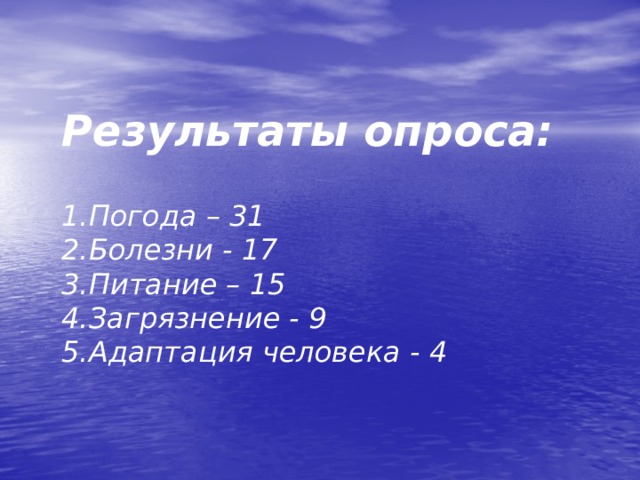  Результаты опроса: 1.Погода – 31 2.Болезни - 17 3.Питание – 15 4.Загрязнение - 9 5.Адаптация человека - 4 