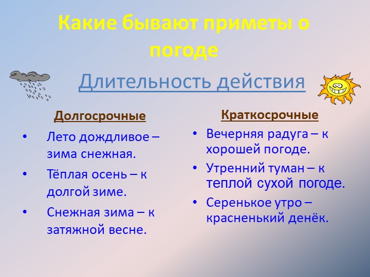 Какие бывают приметы о погодеДолгосрочные Лето дождливое – зима снежная. Тёпл
