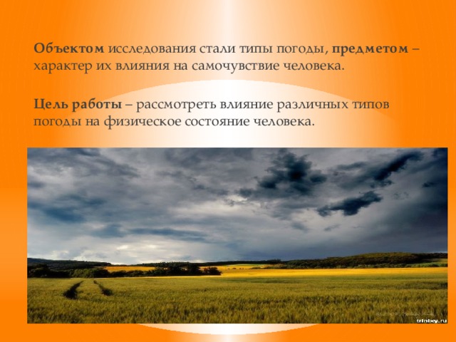 Объектом исследования стали типы погоды, предметом – характер их влияния на самочувствие человека. Цель работы – рассмотреть влияние различных типов погоды на физическое состояние человека.