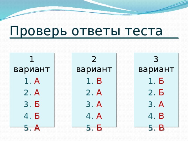 Проверь ответы теста 1 вариант 3 вариант 2 вариант Б Б А В В А А Б Б А В А А А Б 