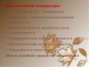 При понижении температуры: Возбудимость Н.С. Повышается Выделение гормонов на