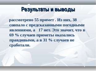 Результаты и выводы рассмотрено 55 примет . Из них, 38 совпало с предсказанны