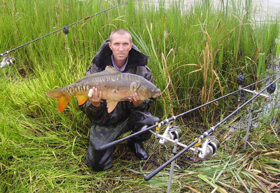 Рыбак с огромным зеркальным карпом 