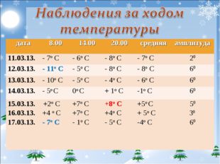 дата 8.00 14.00 20.00 средняя амплитуда 11.03.13. - 7о С - 6о С - 8о С - 7о С