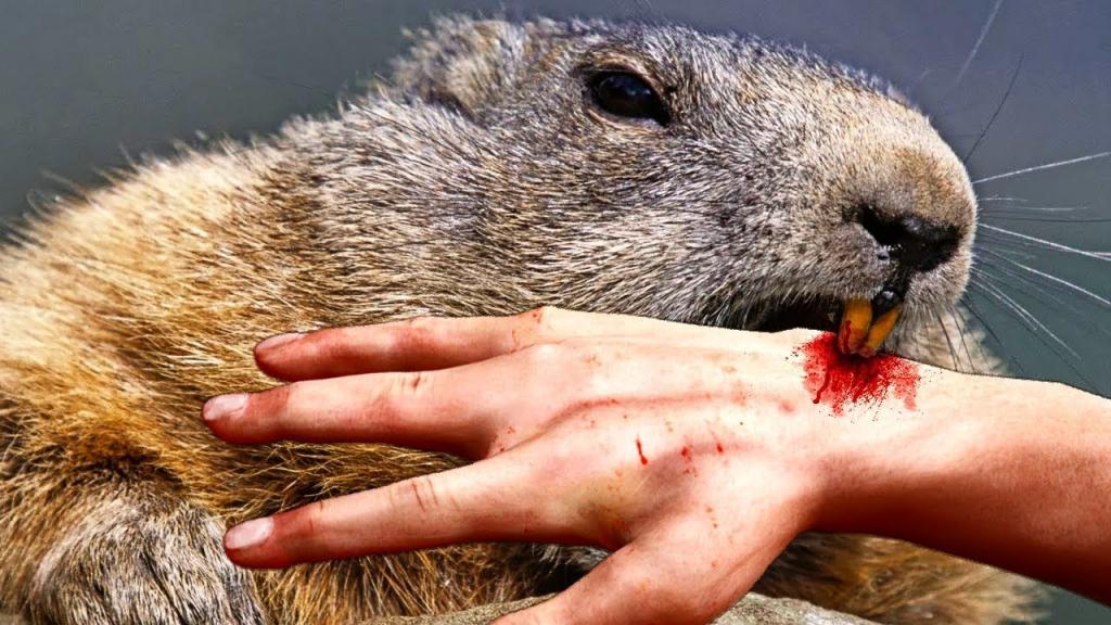 Бобер кусает руку охотника.