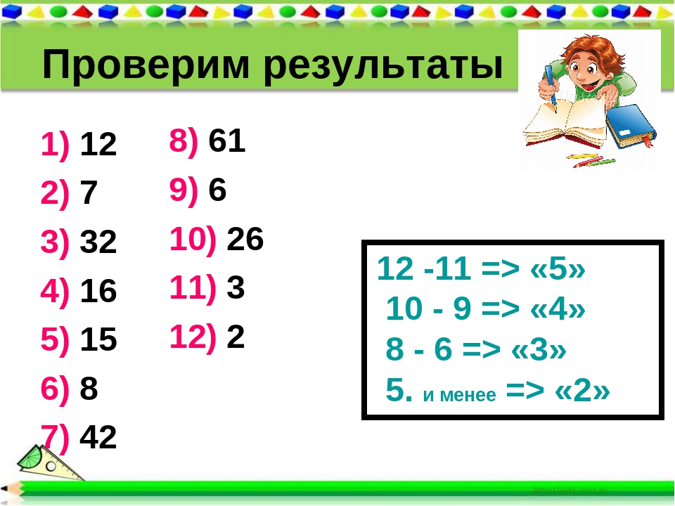 Проверим результаты 1) 12 2) 7 3) 32 4) 16 5) 15 6) 8 7) 42 8) 61 9) 6 10) 26. 